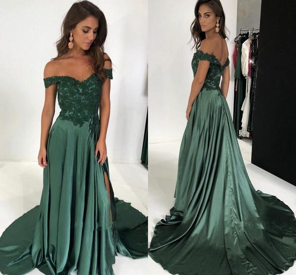 off the shoulder long prom dresses appliques lace satin split side aline floor length backless evening dresses dark green party gowns, Black
off the shoulder long prom dresses appliques lace satin split side aline floor length backless evening dresses dark green party gowns, Black