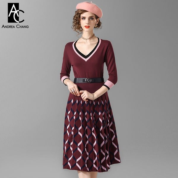 spring autumn woman dress black pink border cuff v-neck wine red knitted dress with belt geometric pattern bottom pleated, White;black
spring autumn woman dress black pink border cuff v-neck wine red knitted dress with belt geometric pattern bottom pleated, White;black