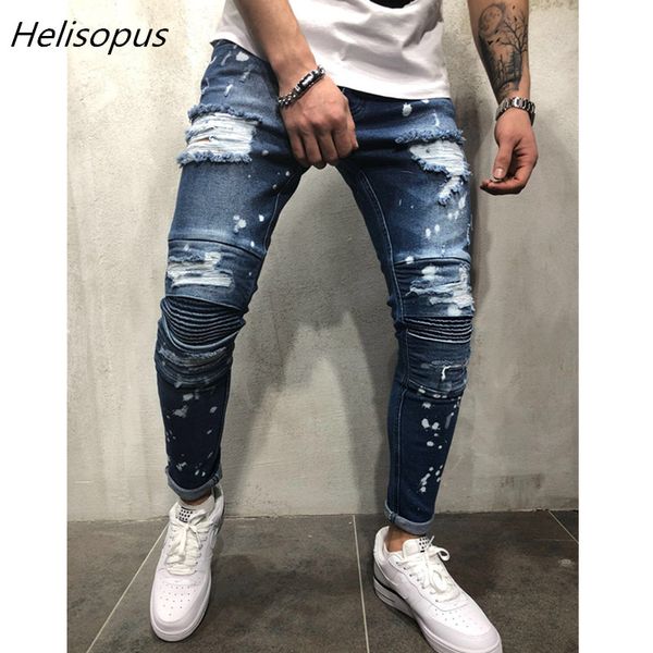 helisopus 2018 fashion men painted skinny ripped jeans hip hop distressed pleated denim pants, Blue
helisopus 2018 fashion men painted skinny ripped jeans hip hop distressed pleated denim pants, Blue