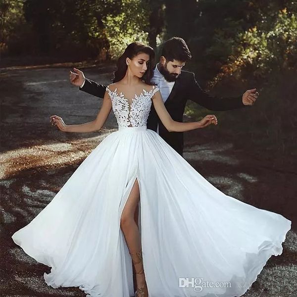 2019 beach wedding dresses lace applique sheer jewel-neck sleeveless side split wedding dress glamorous dubai chiffon bridal gowns, White
2019 beach wedding dresses lace applique sheer jewel-neck sleeveless side split wedding dress glamorous dubai chiffon bridal gowns, White