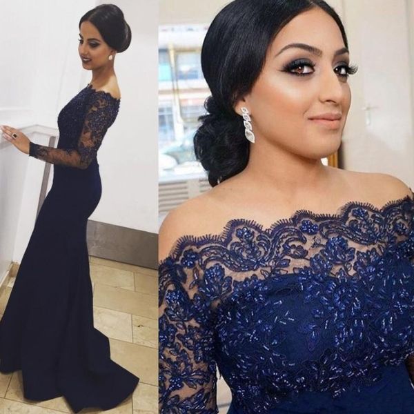 arabic dark navy prom dress formal gowns off shoulder long sleeve lace appliques beaded evening wear mermaid 2018 prom dresses, Black
arabic dark navy prom dress formal gowns off shoulder long sleeve lace appliques beaded evening wear mermaid 2018 prom dresses, Black