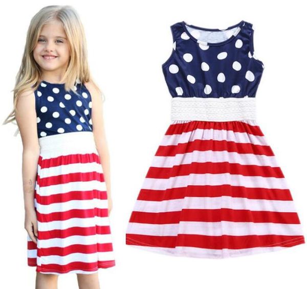 

Baby girl одежда девушки американский флаг печати платье дети рукавов полосатый Прин