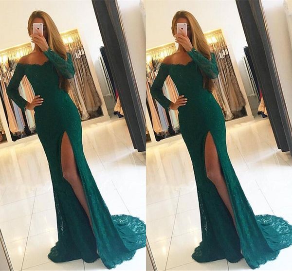 2019 fashion dark hunter green prom dresses arabic african off shoulder long sleeves lace applique high side split evening party gowns, Black
2019 fashion dark hunter green prom dresses arabic african off shoulder long sleeves lace applique high side split evening party gowns, Black
