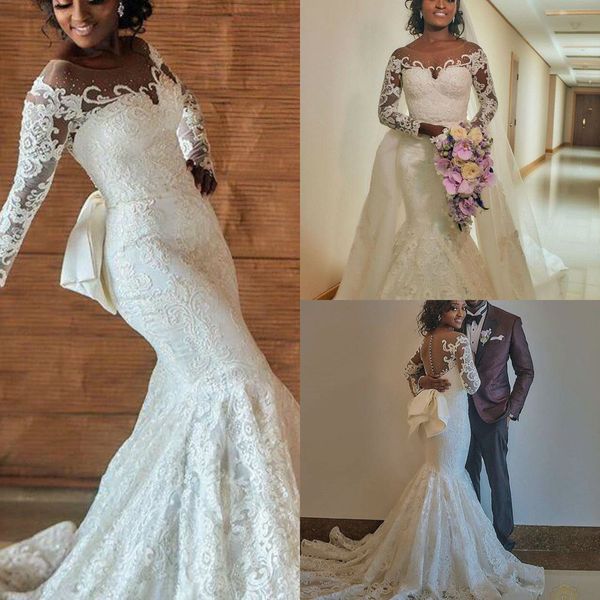 2019 mermaid wedding dresses with detachable skirts jewel neck lace appliques sweep train country bridal gowns long sleeve wedding dress, White
2019 mermaid wedding dresses with detachable skirts jewel neck lace appliques sweep train country bridal gowns long sleeve wedding dress, White
