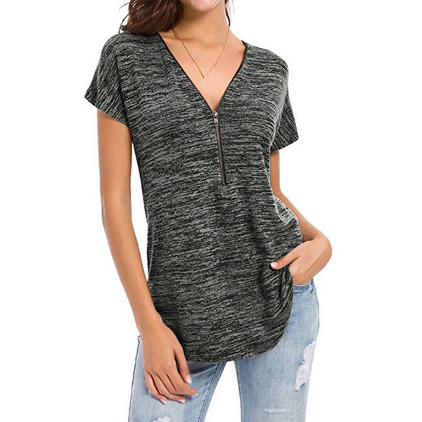 plus size t shirt women zipper v neck short sleeve summer color cotton t shirt casual female tee ladies gray 2xl, White 
plus size t shirt women zipper v neck short sleeve summer color cotton t shirt casual female tee ladies gray 2xl, White