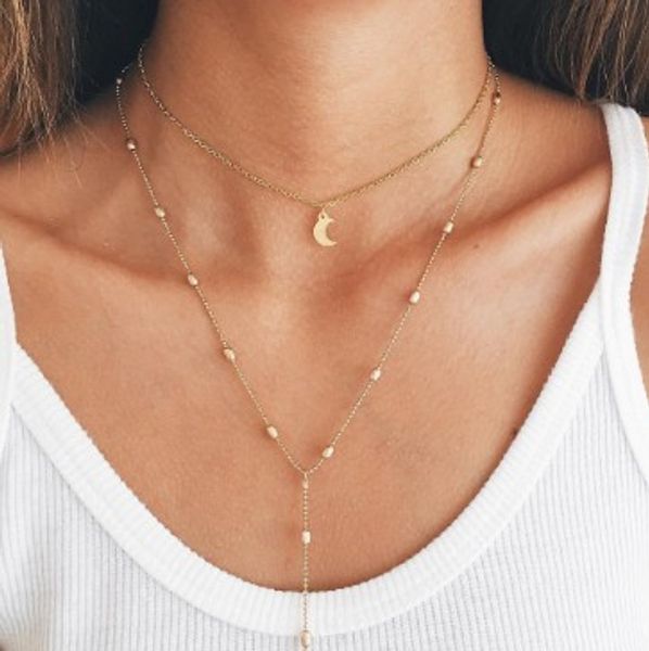 

moon & beading charm choker necklaces 2 layered charm gold tone chokers fashion jewelry gift idea womens pendant necklaces, Golden;silver