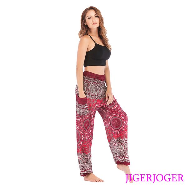 

jigerjoger elastic waistband loose yoga leggings thai strappy wine red rounds mandala harem pants side pocket drop shipping, White;red