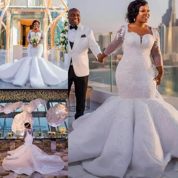 south african mermaid wedding dresses lace appliques plus size sheer long sleeves bridal gowns satin long sweep train wedding vestidos, White
south african mermaid wedding dresses lace appliques plus size sheer long sleeves bridal gowns satin long sweep train wedding vestidos, White