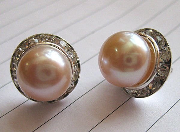 wholesale genuine cultued 9-10mm pink pearl stud earring, Golden;silver