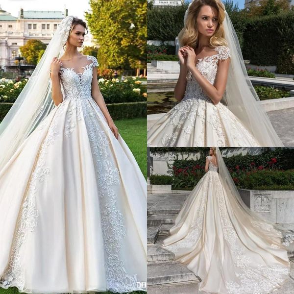 2018 new arrival sheer neck capped sleeves lace wedding dresses gorgeous appliqued tulle a line bridal gowns with covered button back ba7950, White
2018 new arrival sheer neck capped sleeves lace wedding dresses gorgeous appliqued tulle a line bridal gowns with covered button back ba7950, White