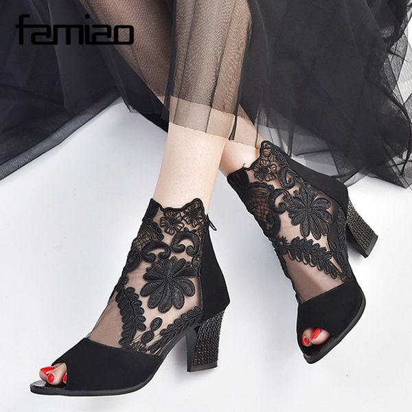 

famiao summer peep toe sandals lace female boots high heel sandalias mujer embroider gladiator sandals women big size, Black