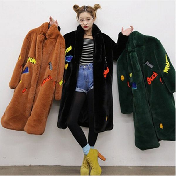 2017winter women letter embroidery hairy shaggy long faux fur coat lapel coats warm outerwear, Black
2017winter women letter embroidery hairy shaggy long faux fur coat lapel coats warm outerwear, Black
