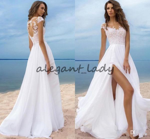 modest 2018 beach wedding dresses lace cap sleeves chiffon high split lace-up back long bridal gowns custom made in china, White
modest 2018 beach wedding dresses lace cap sleeves chiffon high split lace-up back long bridal gowns custom made in china, White