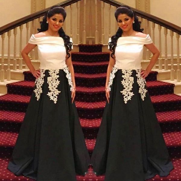 Saudi Arabic Black White Prom Dresses Off The Shoulder Lace Appliques Evening Gowns Satin A Line Formal Party Dress Custom Made
Saudi Arabic Black White Prom Dresses Off The Shoulder Lace Appliques Evening Gowns Satin A Line Formal Party Dress Custom Made