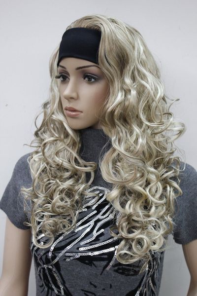 fashion blonde mix 3/4 wig with headband curly long women's synthetic half wig, Black;brown