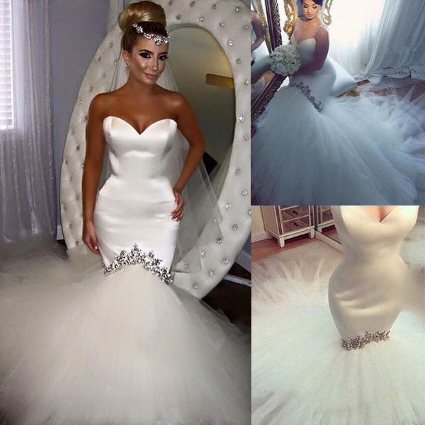 popular 2018 modest satin and tulle mermaid wedding dresses beaded crystals chapel train beach bridal gowns plus size custom made en2102, White
popular 2018 modest satin and tulle mermaid wedding dresses beaded crystals chapel train beach bridal gowns plus size custom made en2102, White