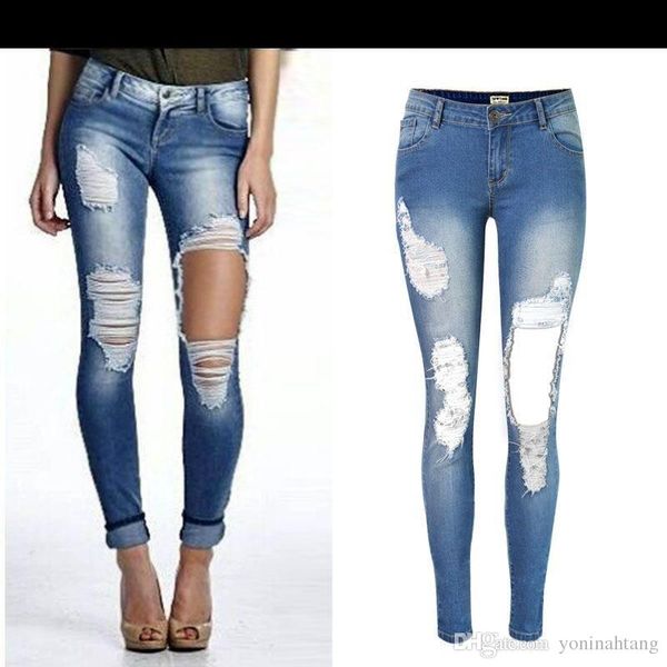 wholesale women low waist destroied hole jeans skinny denim pants full length stretch trousers, Blue
wholesale women low waist destroied hole jeans skinny denim pants full length stretch trousers, Blue