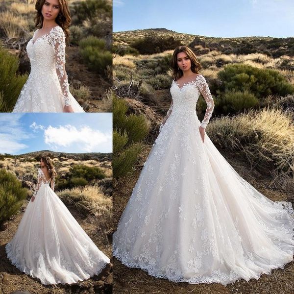 vintage long sleeve wedding dresses lace appliqued backless bridal gowns sheer jewel neck garden country wedding dress, White
vintage long sleeve wedding dresses lace appliqued backless bridal gowns sheer jewel neck garden country wedding dress, White
