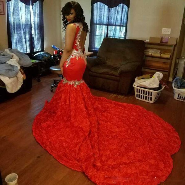 red mermaid prom dresses long rose train 3d appliques african evening dress sleeveless backless party gowns vestidos, Black
red mermaid prom dresses long rose train 3d appliques african evening dress sleeveless backless party gowns vestidos, Black