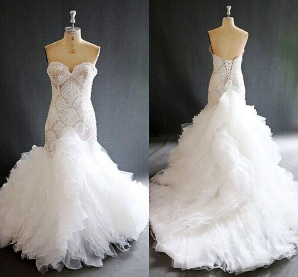 real image mermaid wedding dresses sweetheart beaded ruffles bridal gowns lace up back tiered sweep train tiered skirts luxury wedding dress, White
real image mermaid wedding dresses sweetheart beaded ruffles bridal gowns lace up back tiered sweep train tiered skirts luxury wedding dress, White