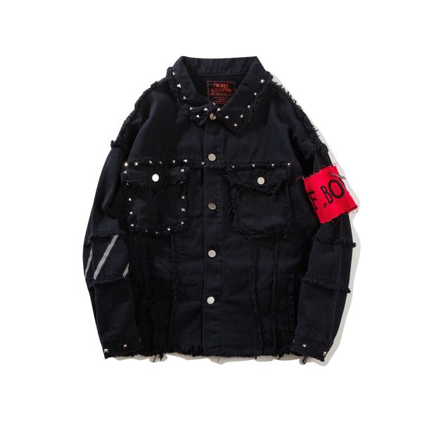 2018 Fashion Mens Denim Jackets Rivets Decorated Embroidered Patches Black Jean Jacket Arm Bandage Homme Streetwear Free Shipping
2018 Fashion Mens Denim Jackets Rivets Decorated Embroidered Patches Black Jean Jacket Arm Bandage Homme Streetwear Free Shipping