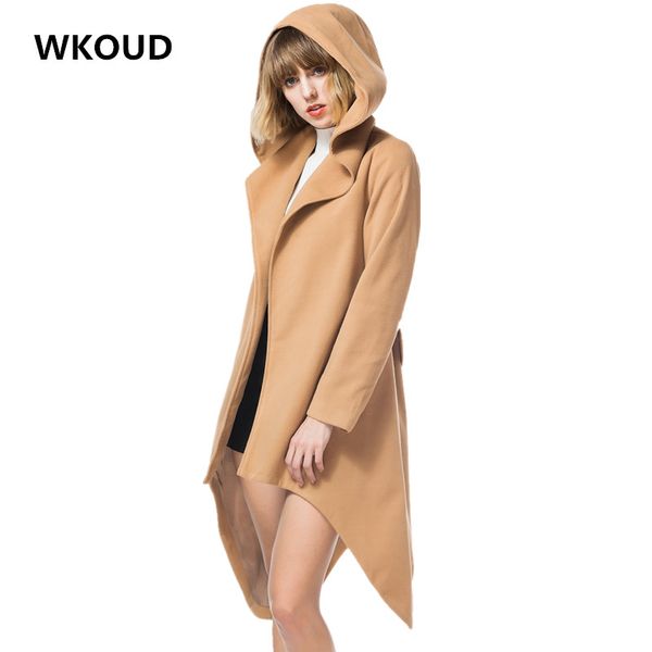

wkoud 2018 women's wool blends coats black solid irregular long coat hooded belt winter cardigan outerwear casual overcoat c8003