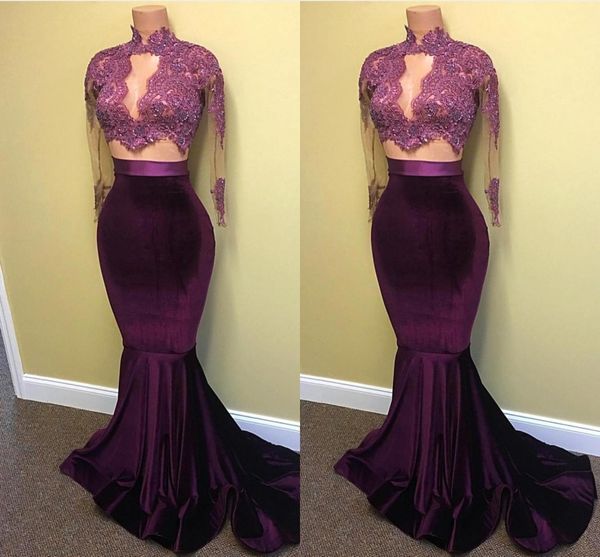 2019 two piece grape mermaid prom dresses jewel neck lace applique long sleeves velvet formal evening dress robe de soiree formal dresses, Black
2019 two piece grape mermaid prom dresses jewel neck lace applique long sleeves velvet formal evening dress robe de soiree formal dresses, Black