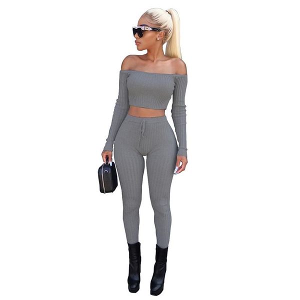 regular 2 piece set women off shoulder crop and long pants suit ladies leisure two piece tracksuit new female, Gray 
regular 2 piece set women off shoulder crop and long pants suit ladies leisure two piece tracksuit new female, Gray