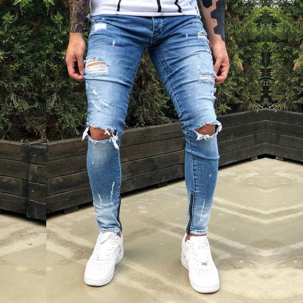 men's black ripped distressed slim fit skinny straight denim jeans with knee hole male high street hip hop zipper pants, Blue
men's black ripped distressed slim fit skinny straight denim jeans with knee hole male high street hip hop zipper pants, Blue