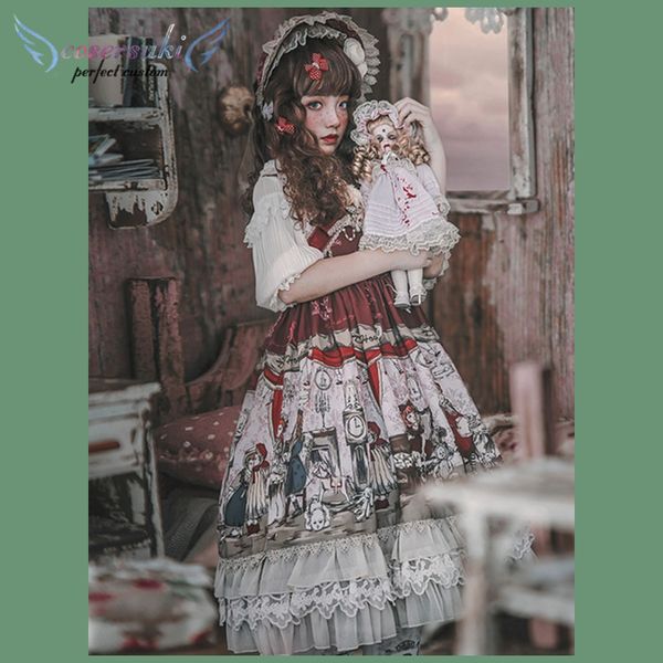 

sweet lolita jsk jumper skirt infanta sleeveless chiffon ruffles fairytale printed dark brown lolita dress with bowknot, Black;red