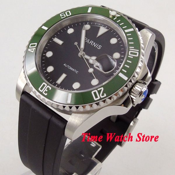 

40mm watch black dial luminous sapphire glass green ceramic bezel 21 jewels miyota automatic movement men's watch 1056, Slivery;brown