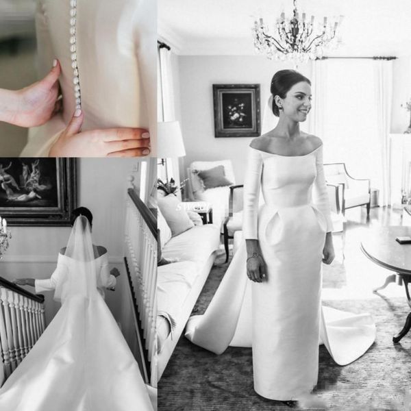 vintage long sleeves wedding dresses bridal gowns off shoulder satin train pleats sheath beach formal bridal dress back covered button gown, White
vintage long sleeves wedding dresses bridal gowns off shoulder satin train pleats sheath beach formal bridal dress back covered button gown, White