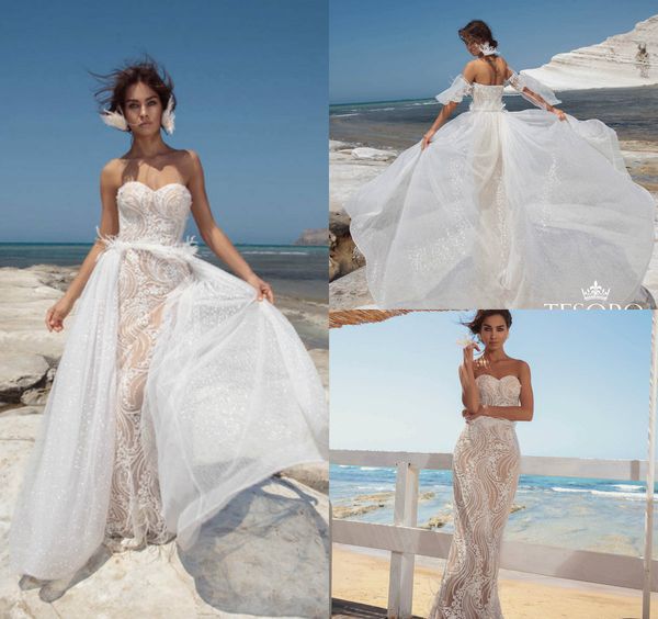 berta 2019 mermaid wedding dresses with detachable skirt feather sweetheart lace appliqued detachable sleeves champagne lining bridal gowns, White
berta 2019 mermaid wedding dresses with detachable skirt feather sweetheart lace appliqued detachable sleeves champagne lining bridal gowns, White