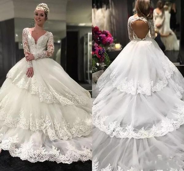 deep v neck open back a line wedding dresses 2018 lace long sleeves tiered skirts bridal gowns custom made beach wedding gowns, White 
deep v neck open back a line wedding dresses 2018 lace long sleeves tiered skirts bridal gowns custom made beach wedding gowns, White
