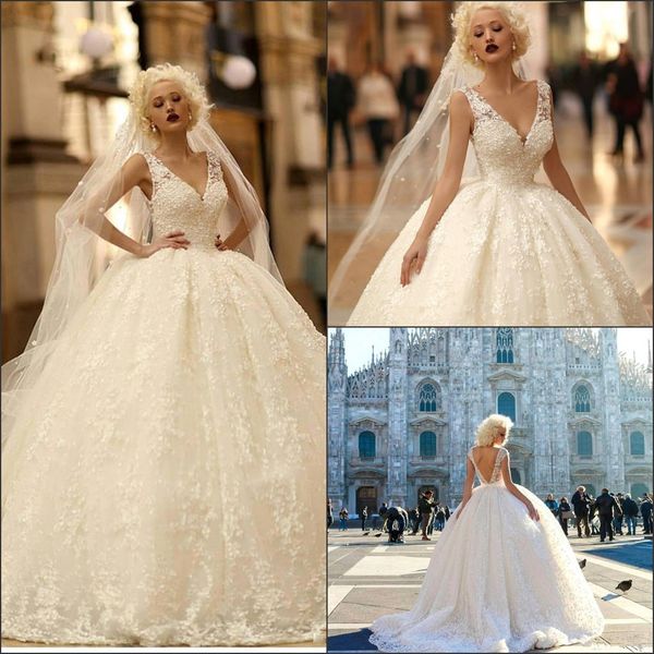luxurious lace ball gown wedding dresses 2017 v neck sheer strap full lace appliques backless sweep train long wedding bridal gowns, White
luxurious lace ball gown wedding dresses 2017 v neck sheer strap full lace appliques backless sweep train long wedding bridal gowns, White