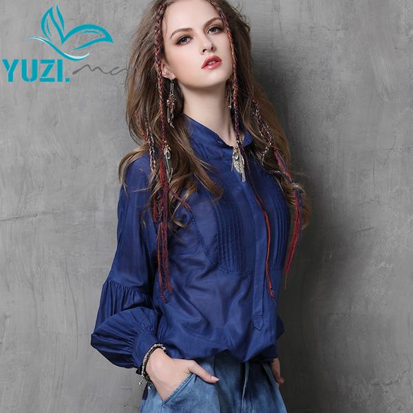 

blusa feminina 2017 yuzi autumn new vintage silk blouse stand collar lantern sleeve women blouses b9535 womens fashion, White