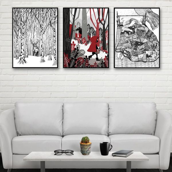 

decor kids room canvas picture big grey wolf and lile red riding hood painting forest deer poster wall art nordic style prints