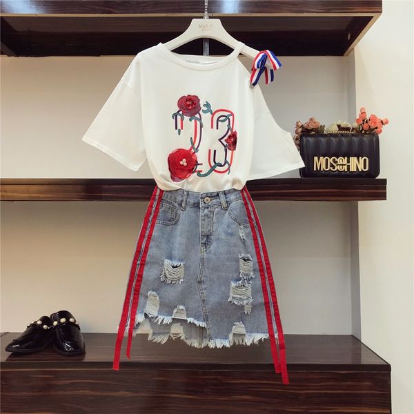 2018 trendy summer women shoulder stripe flower t-shirt + hole design denim skirt 2 pcs sets casual suits a237, White
2018 trendy summer women shoulder stripe flower t-shirt + hole design denim skirt 2 pcs sets casual suits a237, White