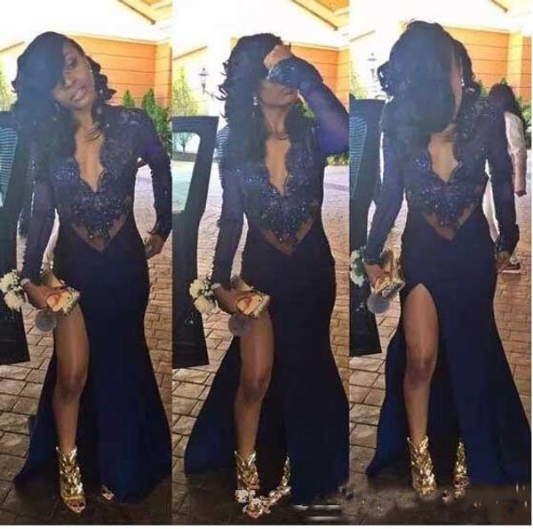 african 2018 navy blue black girl plunging v neck mermaid prom dresses sheer long sleeve beaded high split long evening gowns
african 2018 navy blue black girl plunging v neck mermaid prom dresses sheer long sleeve beaded high split long evening gowns