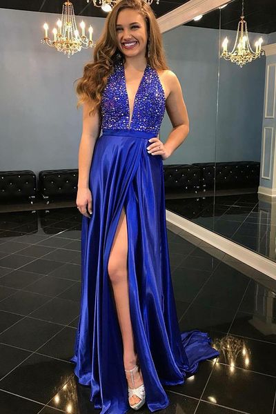 royal blue deep v neck front split glitters crystal a line prom gowns sash draped satin custom made formal evening dresses, Black
royal blue deep v neck front split glitters crystal a line prom gowns sash draped satin custom made formal evening dresses, Black