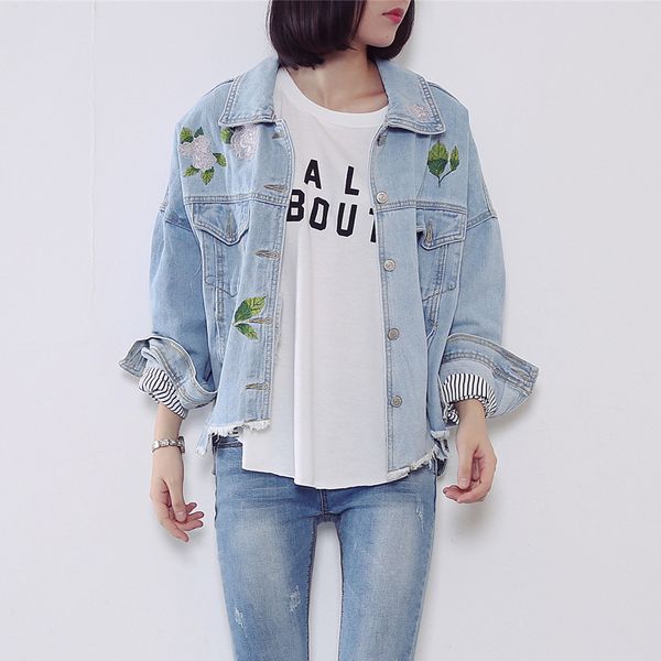 casual flower embroidered female denim jacket spring vintage blue bomber jeans jacket loose irregular bottom boyfriend coats, Tan;black
casual flower embroidered female denim jacket spring vintage blue bomber jeans jacket loose irregular bottom boyfriend coats, Tan;black