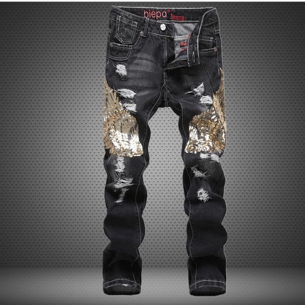 fashion designer mens slim straight patch torn denim pants eagle wing sequins patchwork black destoryed ripped jeans for men, Blue
fashion designer mens slim straight patch torn denim pants eagle wing sequins patchwork black destoryed ripped jeans for men, Blue