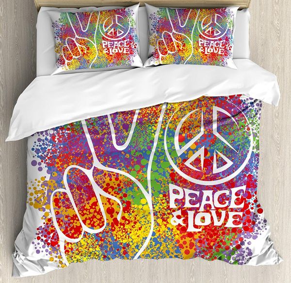 duvet cover set, hippie peace and love symbol and signs two fingers pacifist colorful design art, 4 piece bedding set
duvet cover set, hippie peace and love symbol and signs two fingers pacifist colorful design art, 4 piece bedding set