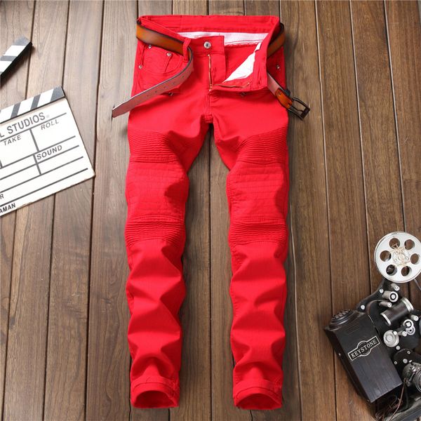 fashion red biker jeans men's pleated stretched denim skinny jeans slim denim straight patchwork pants 7120#, Blue 
fashion red biker jeans men's pleated stretched denim skinny jeans slim denim straight patchwork pants 7120#, Blue