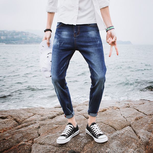 2018 summer men jeans skinny stretch bleached pleated casual solid men denim jeans washed retro ankle-length pants, Blue
2018 summer men jeans skinny stretch bleached pleated casual solid men denim jeans washed retro ankle-length pants, Blue