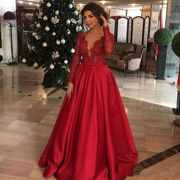 2020 red satin evening dresses plunging v neck sheer long sleeves lace a line floor length prom gowns vintage party wear, Black;red
2020 red satin evening dresses plunging v neck sheer long sleeves lace a line floor length prom gowns vintage party wear, Black;red