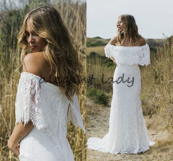 bohemian off-shoulder wedding dresses mermaid portrait backless 1/2 sleeve floor length court train vintage crochet lace bridal gowns, White
bohemian off-shoulder wedding dresses mermaid portrait backless 1/2 sleeve floor length court train vintage crochet lace bridal gowns, White