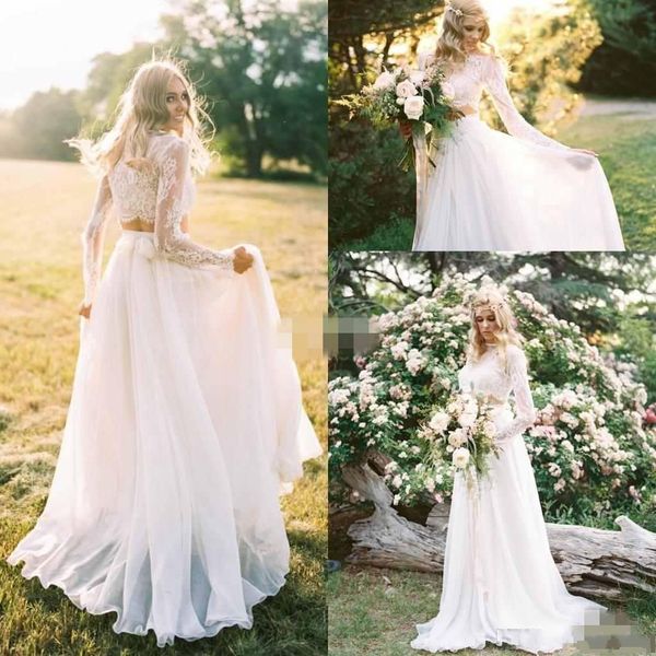 2018 lace country bohemian beach two piece wedding dresses long illusion sleeves lace applique sweep train wedding gowns custom made cheap, White
2018 lace country bohemian beach two piece wedding dresses long illusion sleeves lace applique sweep train wedding gowns custom made cheap, White