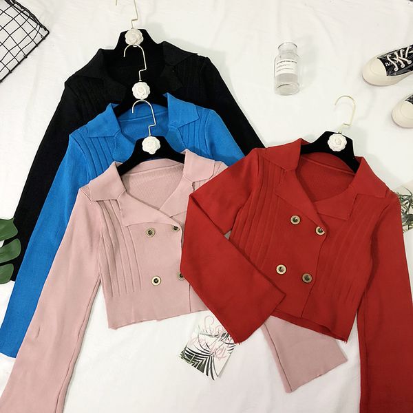 korean version of the solid color double-breasted short loose vertical stripes sweater female 2018 autumn new v-neck long sleeve, White;black
korean version of the solid color double-breasted short loose vertical stripes sweater female 2018 autumn new v-neck long sleeve, White;black
