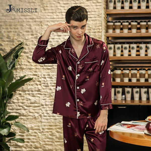 

jrmissli brand men's silk pajama set plus size pajamas male print pajamas sets sleepwear silk pijama men homewear sets, Black;brown